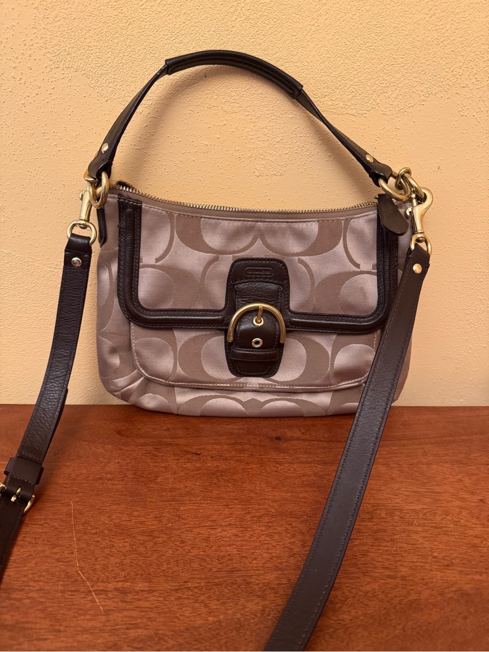 Coach Taupe Signature Jacquard Crossbody with Brown Leather Trim